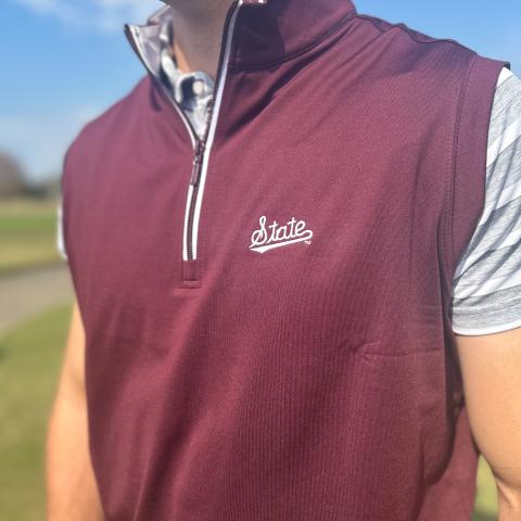 HL 1/4 Zip Vest Maroon and White State Script